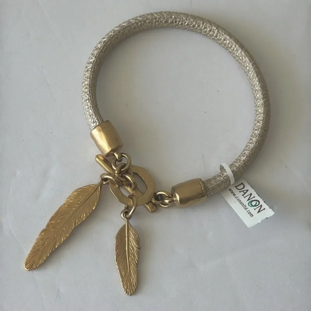Danon Leather Gold Bracelet with Metal Leaves Gold Color 7